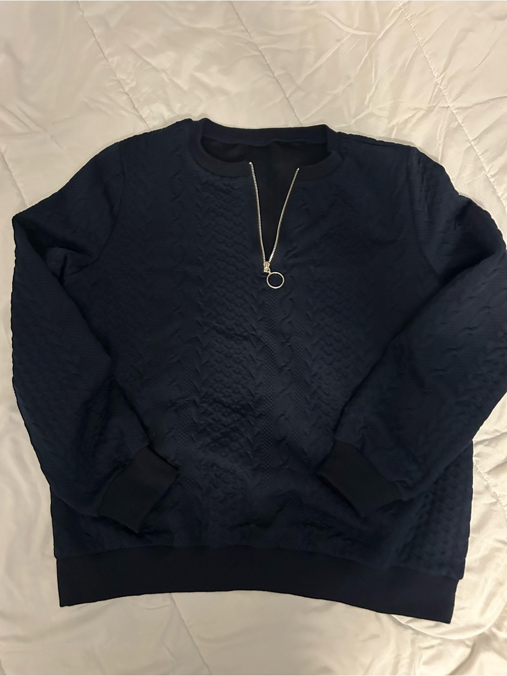 SHEIN Navy Textured Crewneck Sweater with Zip Accent